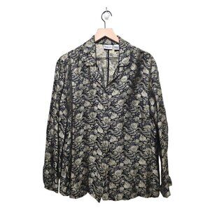Chicos Black Floral Metallic Embroidered Silk Blend Button Down Blouse Sz 3 (XL)